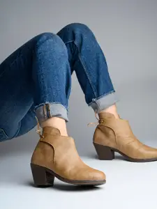 Shoetopia Women Beige Solid Heeled Boots