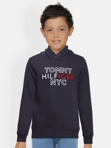 Tommy Hilfiger Boys Navy Blue Self Design Hooded Sweatshirt