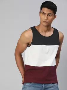 Urbano Fashion Men Black  White Slim Fit Colourblocked Round Neck Sleeveless Pure Cotton T-shirt