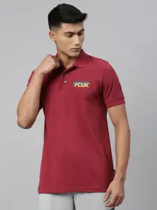 French Connection Men Red Solid Polo Collar Pure Cotton T-shirt With Printed Detailing