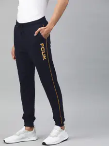 French Connection Men Navy Blue Solid Slim Fit Joggers with Printed Details