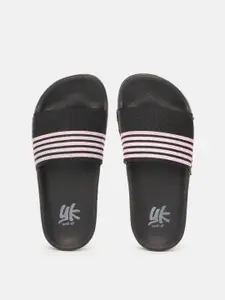 YK Girls Black & Light Pink Striped Sliders