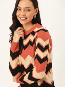 DressBerry Women Rust Orange & Beige Self Design Pullover Sweater