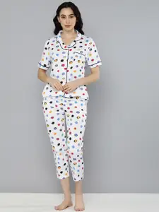HERE&NOW Women White & Blue Printed Night suit
