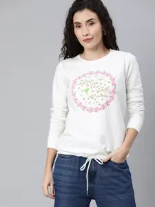 Enviously Young Women Off-White Printed Pullover Sweatshirt with Tie-Up Hem