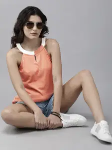 Roadster Women Peach-Coloured Keyhole Neck Tank Top With Contrast Detail