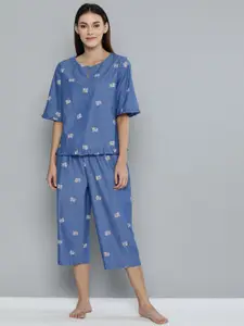 Chemistry Women Blue & Peach-Coloured Ethnic Printed Night Suit