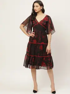 Antheaa Women Black & Red Floral Print Tiered A-Line Dress