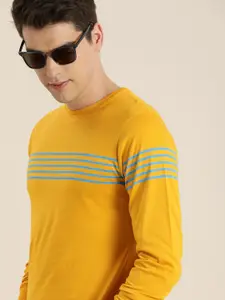 DILLINGER Men Mustard Yellow  Blue Striped Round Neck Pure Cotton T-shirt