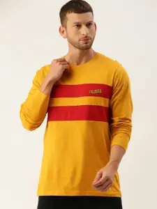 DILLINGER Men Mustard Yellow and Red Striped Round Neck Pure Cotton T-shirt