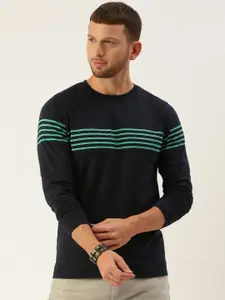 DILLINGER Men Navy Blue  Sea Green Striped Round Neck Pure Cotton T-shirt