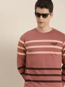 DILLINGER Men Pink  Brown Striped Round Neck Pure Cotton T-shirt