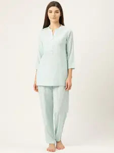 Prakrti Women Ice Blue All-Over Checked Cotton Night Suit