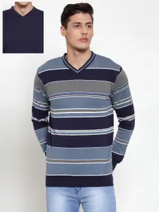Kalt Men Blue & Grey Cotton Reversible Sweater