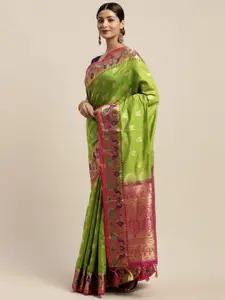 Mitera Green & Gold-Toned Art Silk Woven Design Paithani Saree