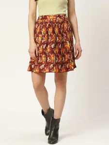 Antheaa Women Rust Red & Yellow Accordion Pleated Floral Printed A-Line Skirt