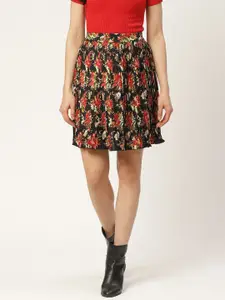Antheaa Women Black & Red Accordion Pleated Floral Printed A-Line Skirt