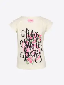 CUTECUMBER Girls Cream-Coloured & Black Typography Print T-shirt