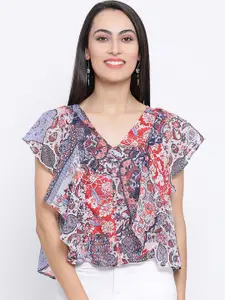 Oxolloxo Women Blue & Red Printed A-Line Top
