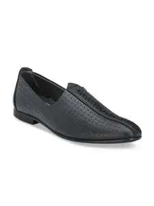 Ferraiolo Men Black Woven Design Leather Formal Slip-Ons