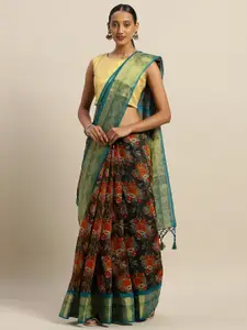 Rajnandini Charcoal Grey & Blue Silk Cotton Printed Saree