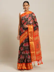 Rajnandini Black & Orange Silk Cotton Printed Saree