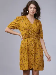 Tokyo Talkies Women Mustard Yellow Printed Fit and Flare Dress