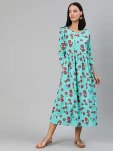 Anouk Women Turquoise Blue Floral Printed Fit and Flare Dress