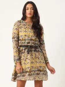 ROOTED Women Yellow Printed Fit and Flare Dress