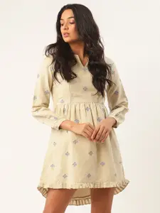 ROOTED Women Beige Printed Linen Fit and Flare Dress