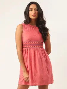 ROOTED Women Pink Embroidered Fit and Flare Dress