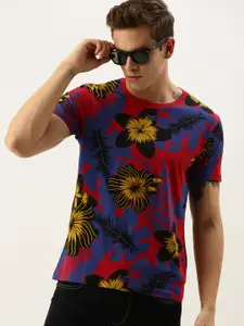 Moda Rapido Men Red  Blue Floral Printed Round Neck Pure Cotton T-shirt