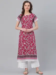 Ives Women Red & White Floral Printed Straight Kurta