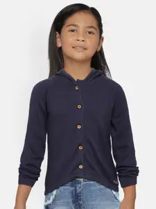 METRO KIDS COMPANY Girls Navy Blue Solid Hooded Cardigan Sweater