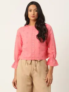 ROOTED Women Pink Embroidered Boxy Linen Top