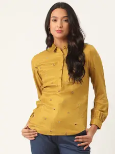 ROOTED Women Mustard Yellow Printed Shirt Style Top