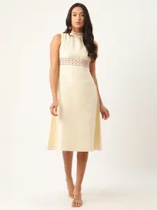 ROOTED Women Beige Embroidered Fit and Flare Dress