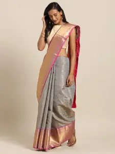VASTRANAND Grey & Pink Silk Blend Woven Design Wedding Kanjeevaram Saree