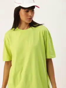 Moda Rapido Women Fluorescent Green Drop-Shoulder Cotton Pure Cotton T-shirt