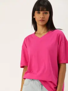 Moda Rapido Women Pink V-Neck Drop-Shoulder Cotton Pure Cotton T-shirt