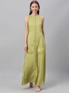 Ethnovog Women Green Solid Made To Measure Maxi Dress with Pockets