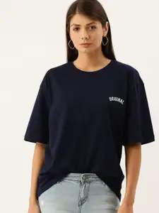 DILLINGER Women Navy Blue Oversized Cotton Pure Cotton T-shirt with Printed Detail