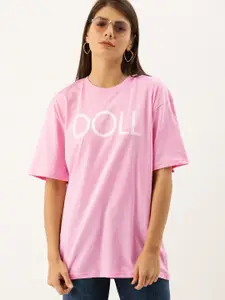 DILLINGER Women Pink Printed Oversized Round Neck Longline Oversized Pure Cotton T-shirt