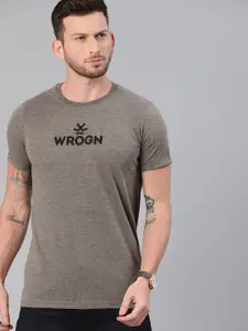 WROGN Men Grey Melange Printed Round Neck Pure Cotton T-shirt