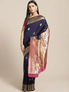 Saree mall Navy Blue & Golden Quirky Woven Design Banarasi Saree