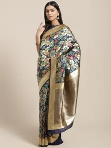 Saree mall Navy Blue & Golden Floral Woven Design Banarasi Saree