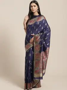 Saree mall Navy Blue & Golden Paisley Woven Design Banarasi Saree