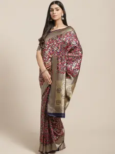 Saree mall Navy Blue & Orange Floral Woven Design Banarasi Saree