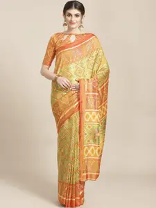 Saree mall Green & Orange Printed Ikat Saree