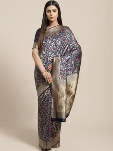 Saree mall Navy Blue & Golden Floral Woven Design Banarasi Saree